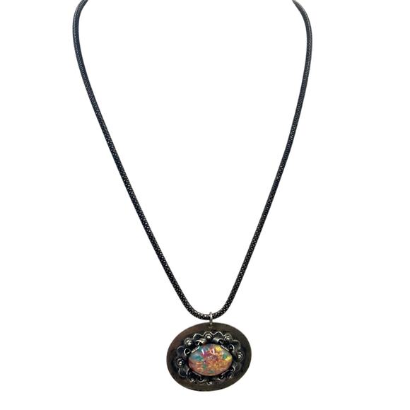 Sterling Silver Vintage Fire Opal Pendant Brooch Necklace Hecho En Mexico 22g - Picture 8 of 15